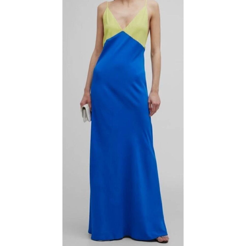 Le Superbe Duality V-Neck Maxi Slip Dress in Vibrant Blue & Yellow NWT Size 0